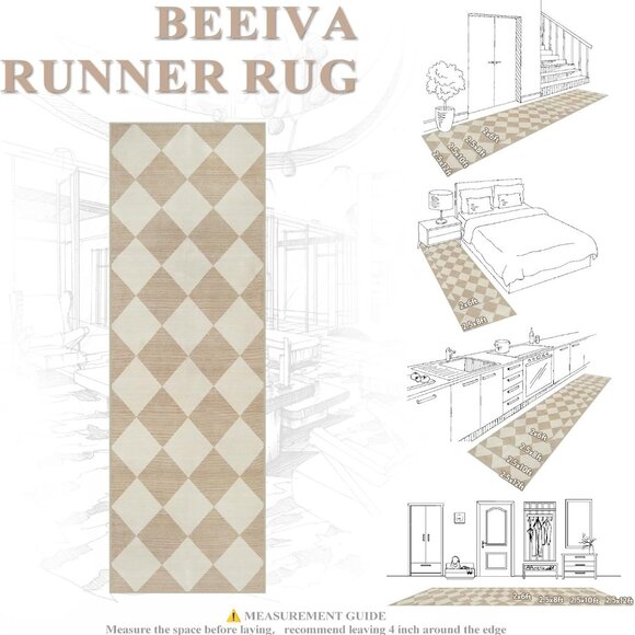 Beeiva Checkered Print Rug Runners Non Slip 2.5x8, Ultra Thin Beige Gingham - Picture 4 of 8